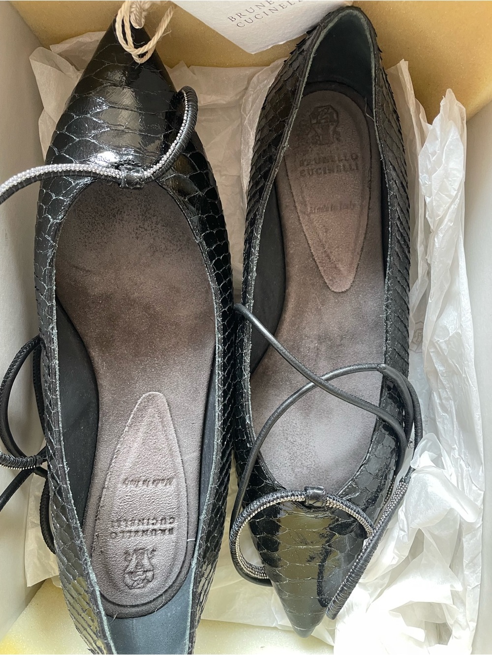 Brunello Cucinelli Black Pointed Patent Leather Ballet Flats